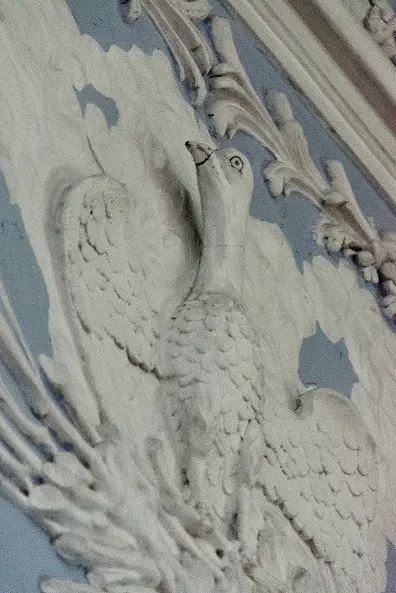 Bird-shaped plasterwork moulding in the grand salon of Château d’Attre, 18th-century décor